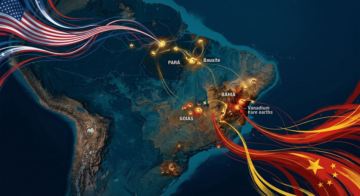 Editorial illustration: stylized map of Brazil with mineral extraction sites glowing in gold and red — bauxite mines in Pará, rare earths in Goiás and Bahia, vanadium in Bahia. American and Chinese flag colors pulling toward Brazil from opposite corners.