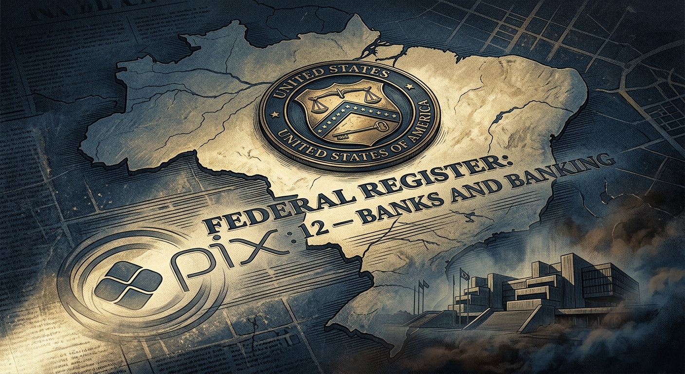 Editorial illustration: a stylized map of Brazil overlaid with US Treasury seal and Federal Register text, with the Pix payment logo and Central Bank of Brazil facade in Brasília faintly visible. Muted blue and gold palette, newspaper feature style.