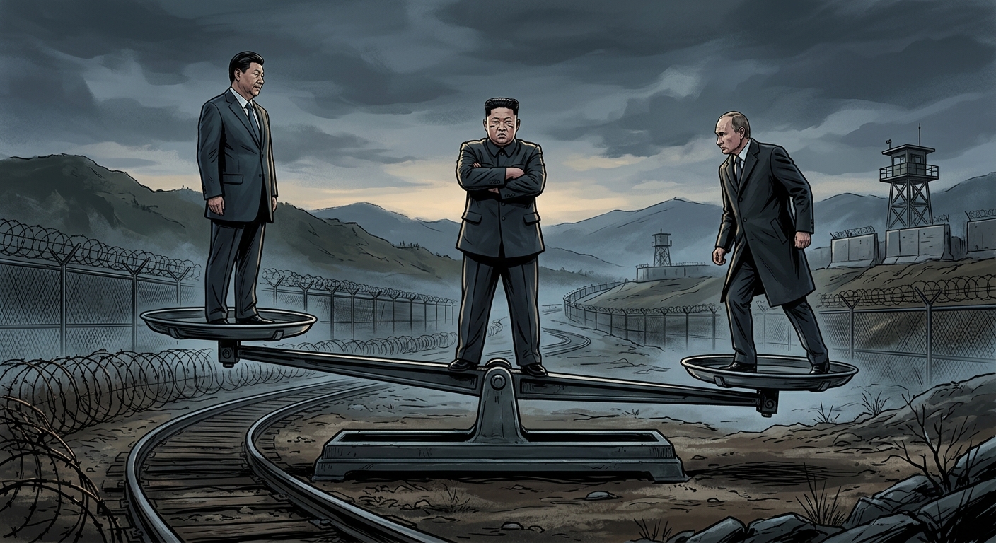 Kim Jong Un balancing between Xi Jinping and Vladimir Putin, with the DMZ in the background
