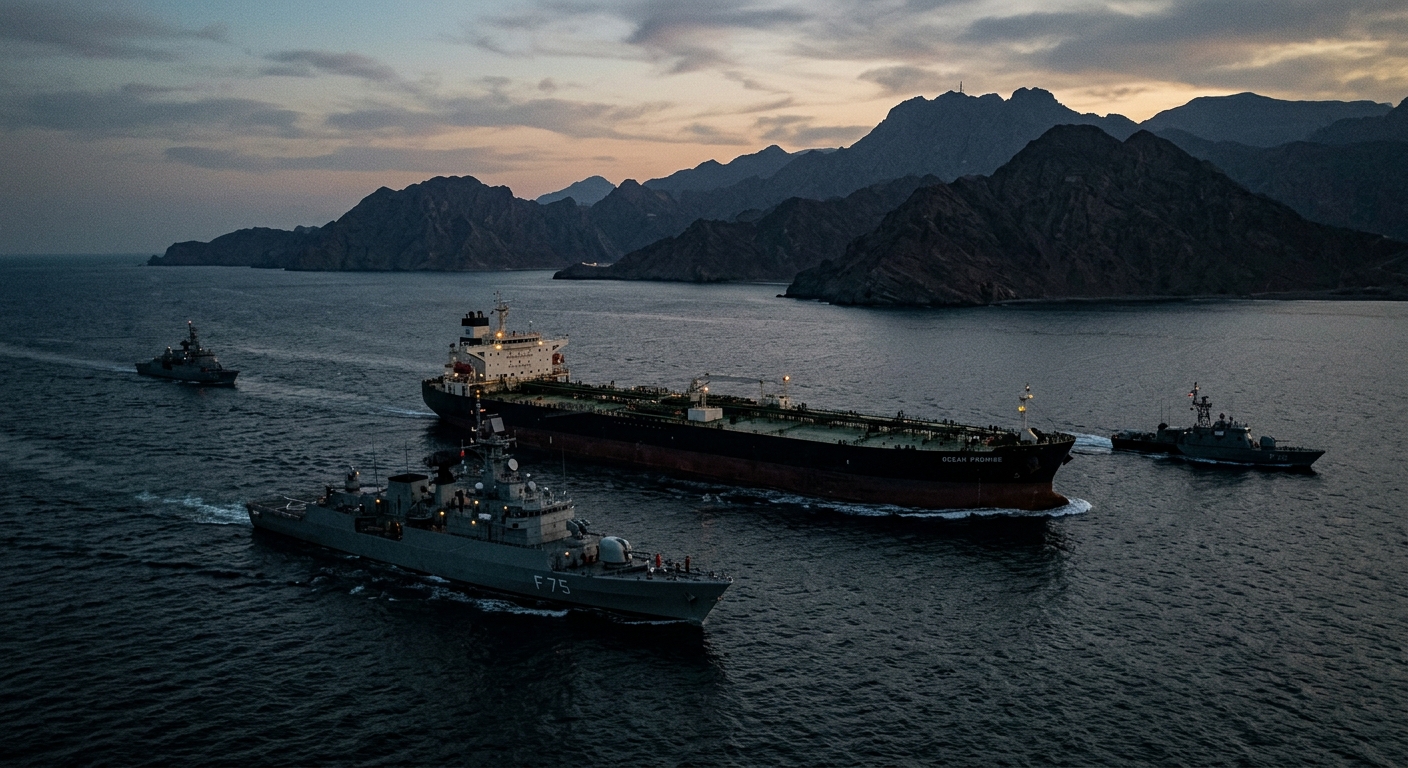 Aerial editorial photograph of an oil tanker under armed escort transiting the Strait of Hormuz at dusk, with the mountainous Iranian coast visible in the distance. Muted tones, photojournalistic style. No text or logos.
