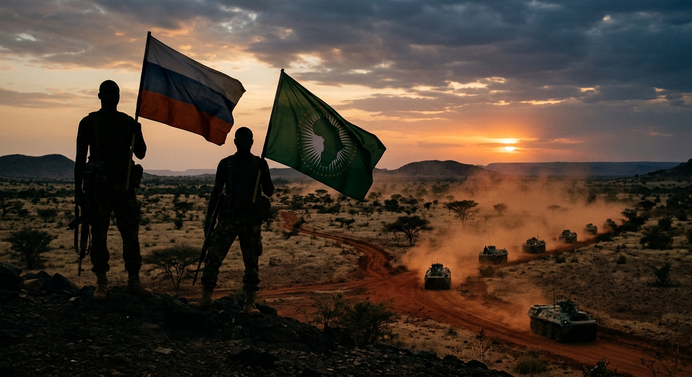 Editorial illustration of Russian and African Union flags against a dusk Sahel landscape with a distant armored convoy on a red-dirt road.