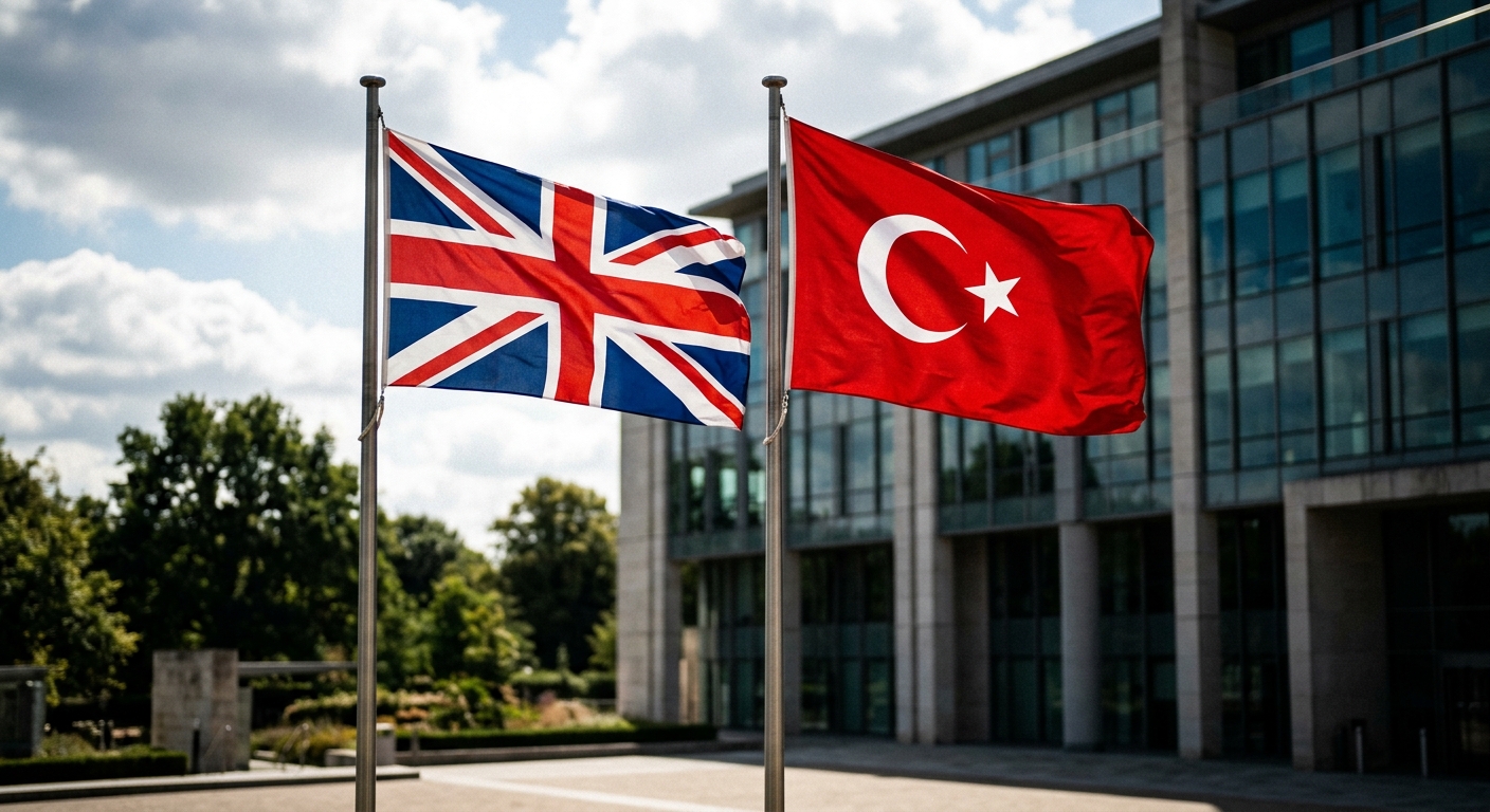UK and Turkish flags side by side at a diplomatic setting