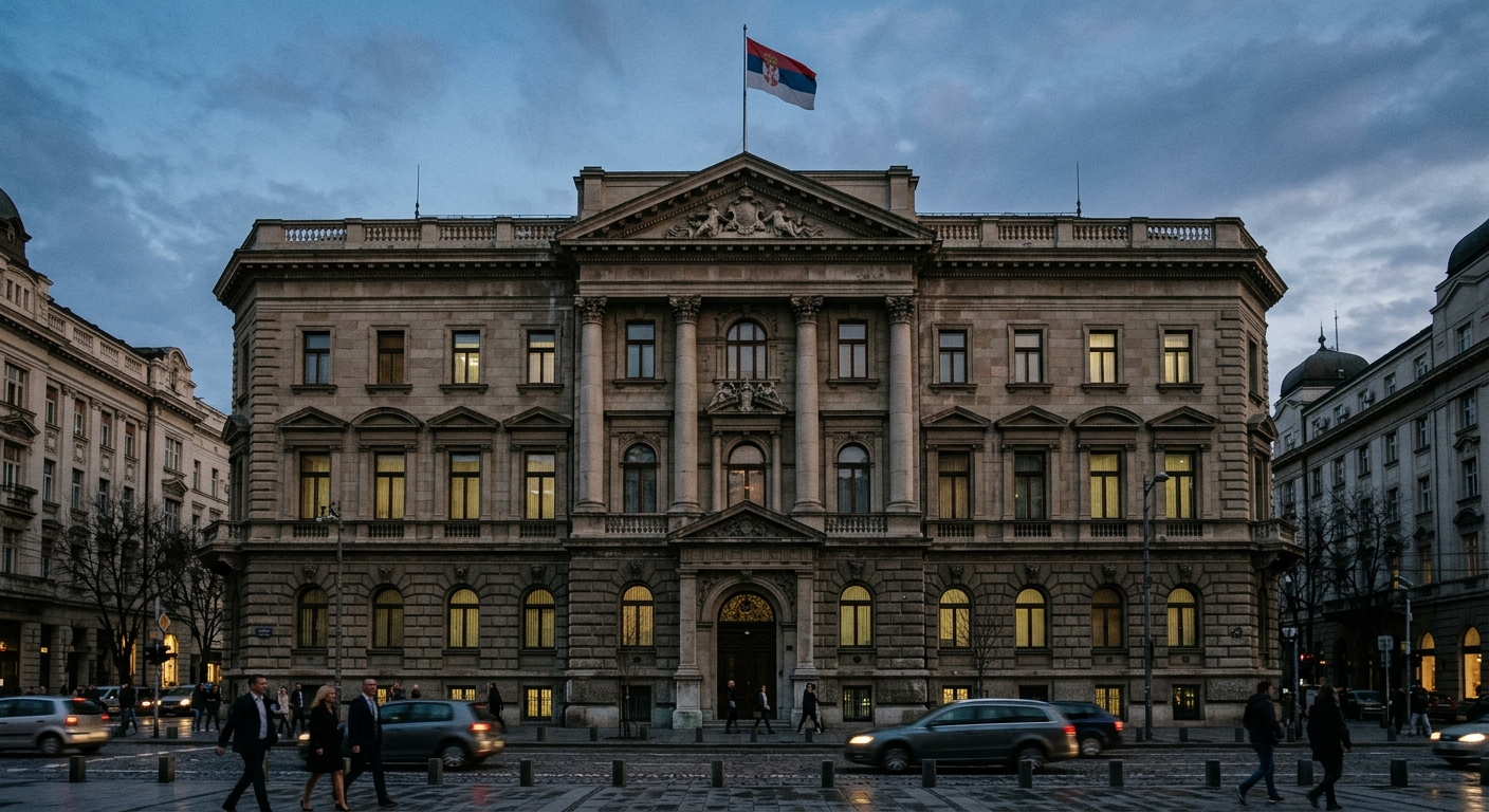 The neoclassical facade of the National Bank of Serbia headquarters in Belgrade at dusk, with the Serbian flag and a dim glow from institutional windows. Muted tones, editorial photojournalism style.