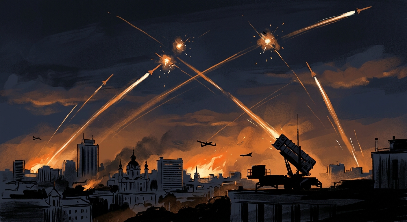 Night sky over Kyiv skyline with orange fire glow from missile impacts and Patriot launchers pointing upward