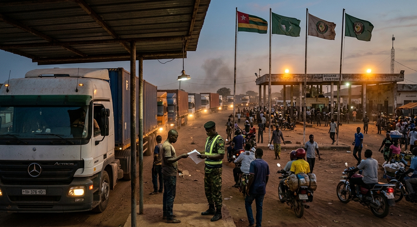 A busy West African border crossing at dusk — cargo trucks queued at a customs post with faded AU and ECOWAS flags flying