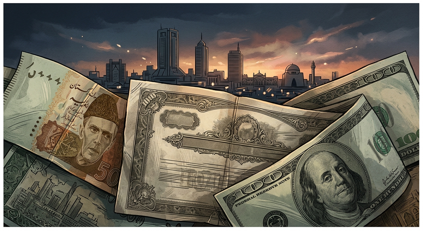 Editorial illustration of Pakistani rupee notes and US dollar bills interlocked with a bond certificate, over a stylized Karachi skyline at dusk.