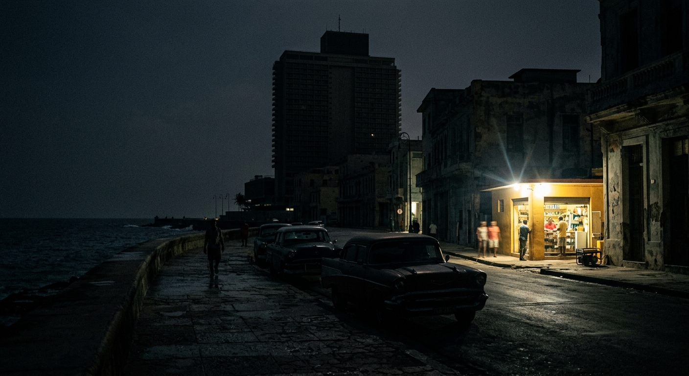 A dimly lit Havana street at night during a blackout, silhouettes of 1950s American cars parked along the seafront Malecón, a single generator-powered bodega glowing yellow