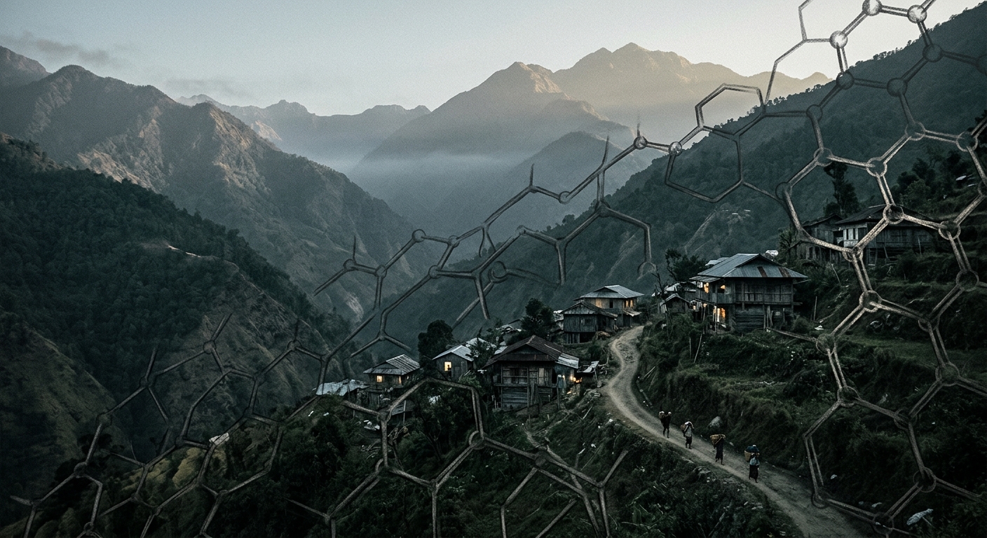 Editorial photo-illustration of Arunachal Pradesh valleys and graphite crystal structure