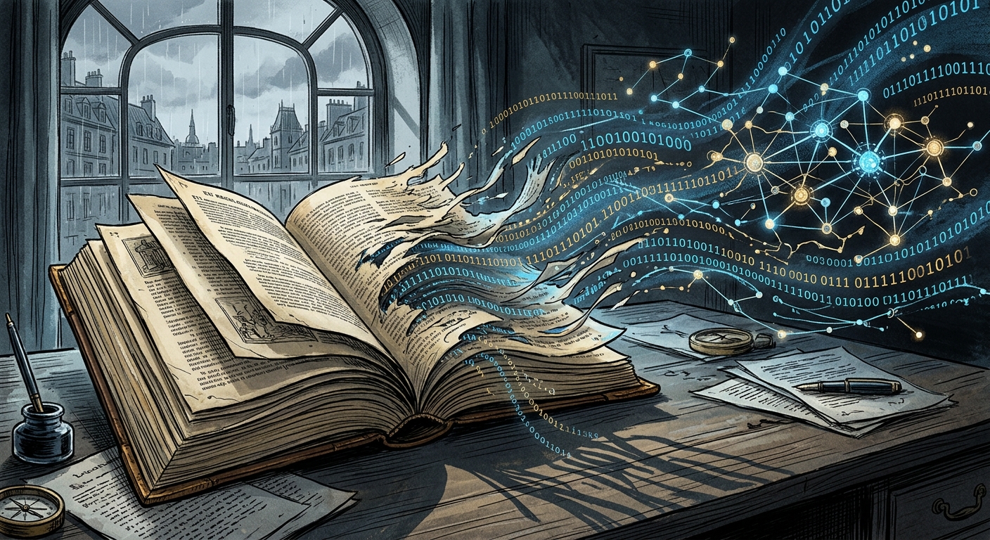 Editorial illustration: an open EU regulatory rulebook dissolving into flowing binary data and neural network nodes.