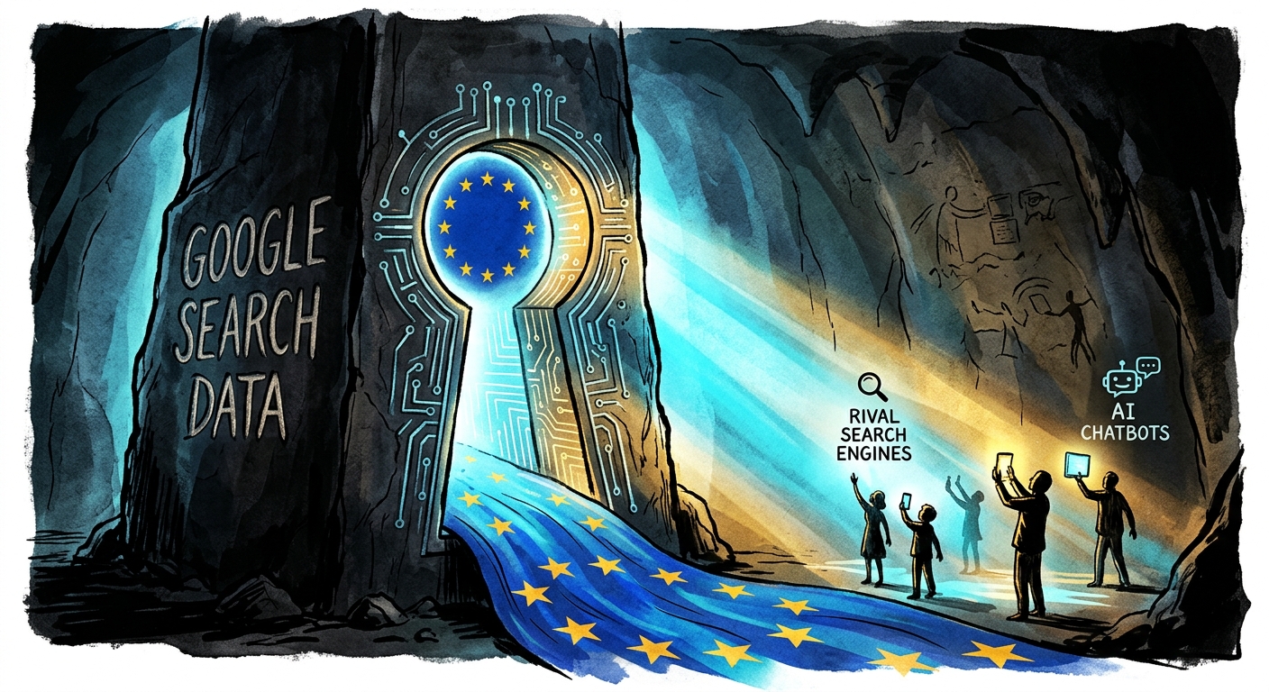 Editorial illustration: the EU flag's stars streaming through a digital keyhole into a dark monolith labeled "Google Search Data," with small figures representing rival search engines and AI chatbots receiving the light on the other side. Dramatic, high-contrast, photojournalistic style.