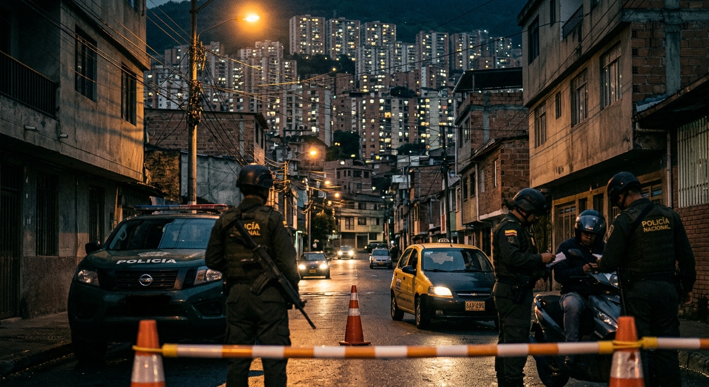 Nighttime street scene in a Colombian city with heavily armed municipal police checkpoint in the foreground