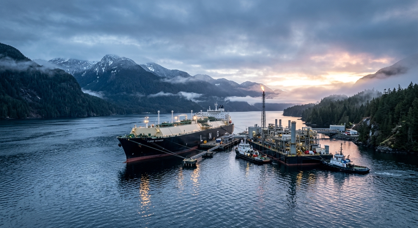 A photorealistic wide shot of an LNG tanker moored at a floating liquefaction terminal in a fjord on the northern British Columbia coast
