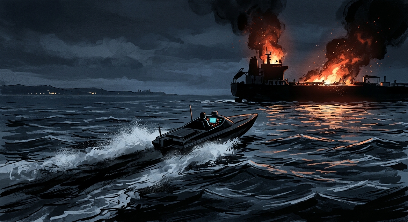Editorial illustration: a small Ukrainian naval drone speeds through dark night waves toward a large oil tanker in the Sea of Azov, orange flames rising from the tanker's hull, distant silhouette of Crimean coastline. Cinematic, moody, high contrast.