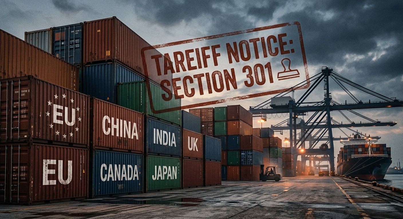 Editorial illustration: shipping containers stacked at a US port with country flags stenciled on the sides (EU, China, India, UK, Canada, Japan), an overlay of a stamped tariff notice reading "Section 301" in red ink.