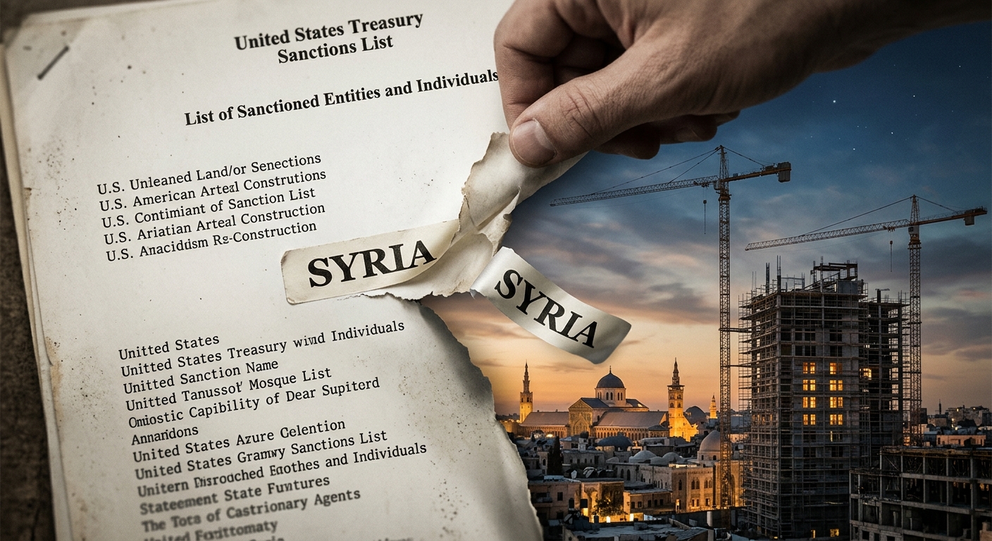 Editorial illustration: Syria being peeled off a US sanctions list, Damascus reconstruction scaffolding underneath.