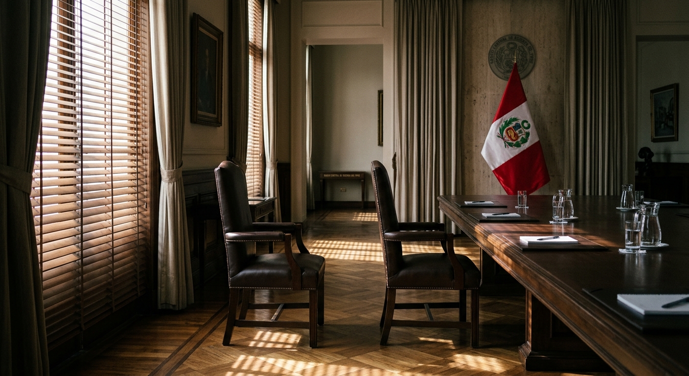 Interior of the BCRP building in Lima with an empty conference table.