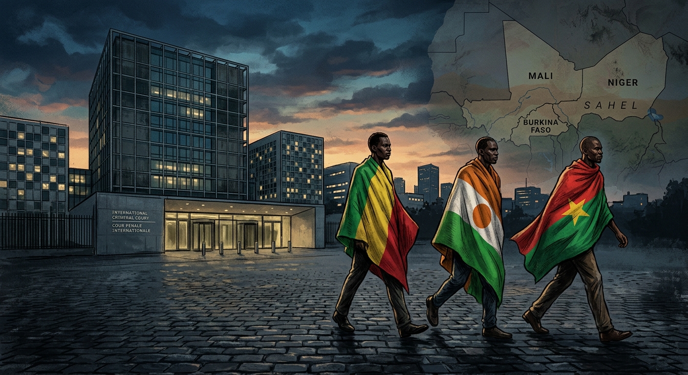Editorial illustration: three West African flags — Mali, Niger, Burkina Faso — turning away from the International Criminal Court in The Hague, with a Sahel map faintly visible in the background.