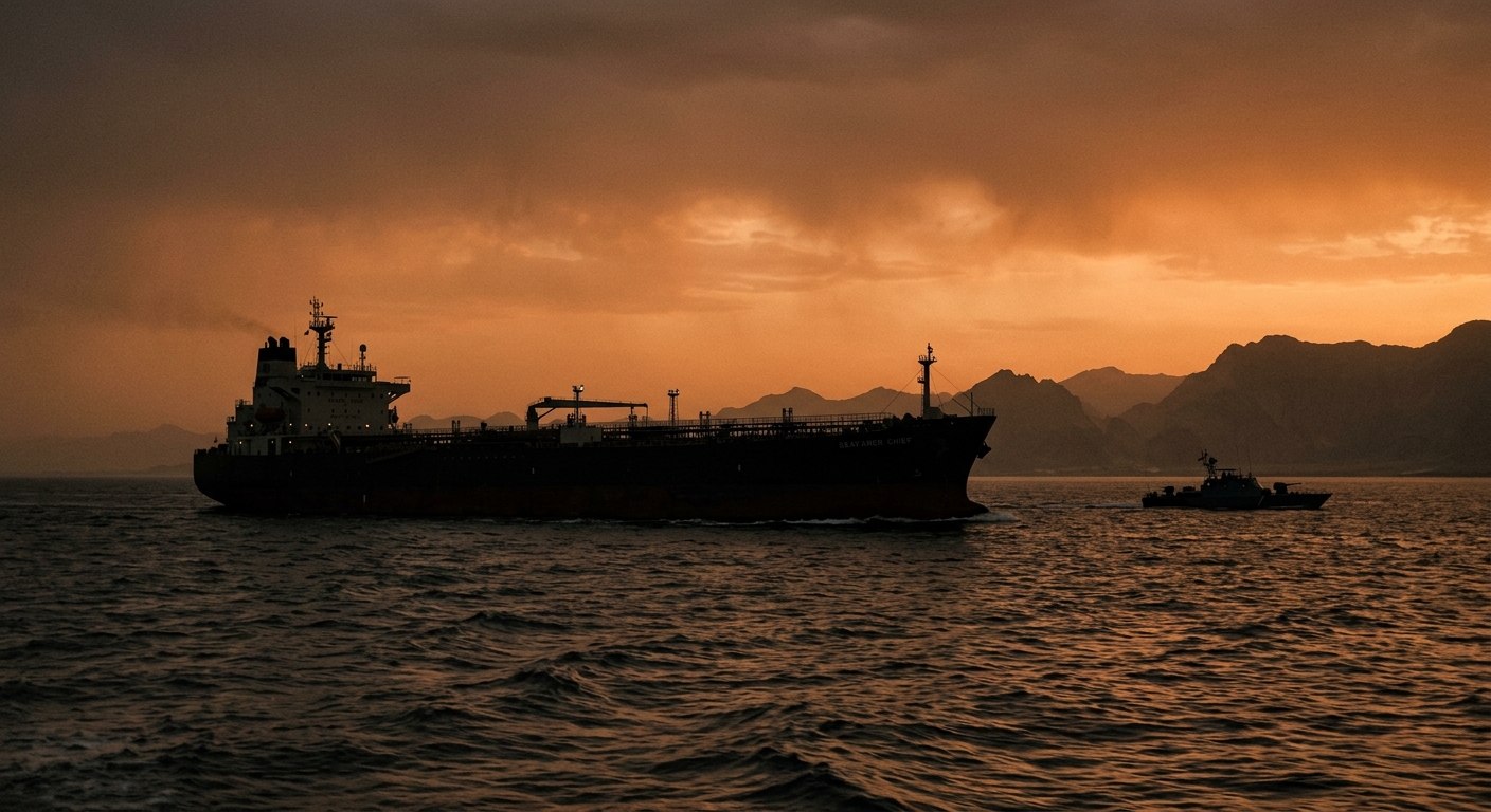 A crude-oil tanker at dusk in the Strait of Hormuz, silhouetted against a hazy sky