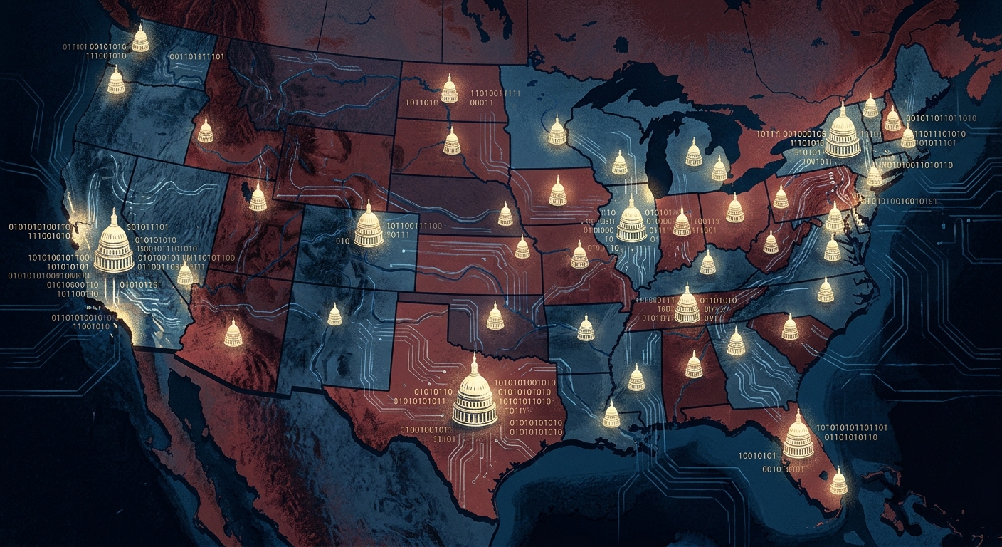 State capitols across a US map overlaid with binary code and circuit patterns, editorial illustration of the state AI regulation patchwork
