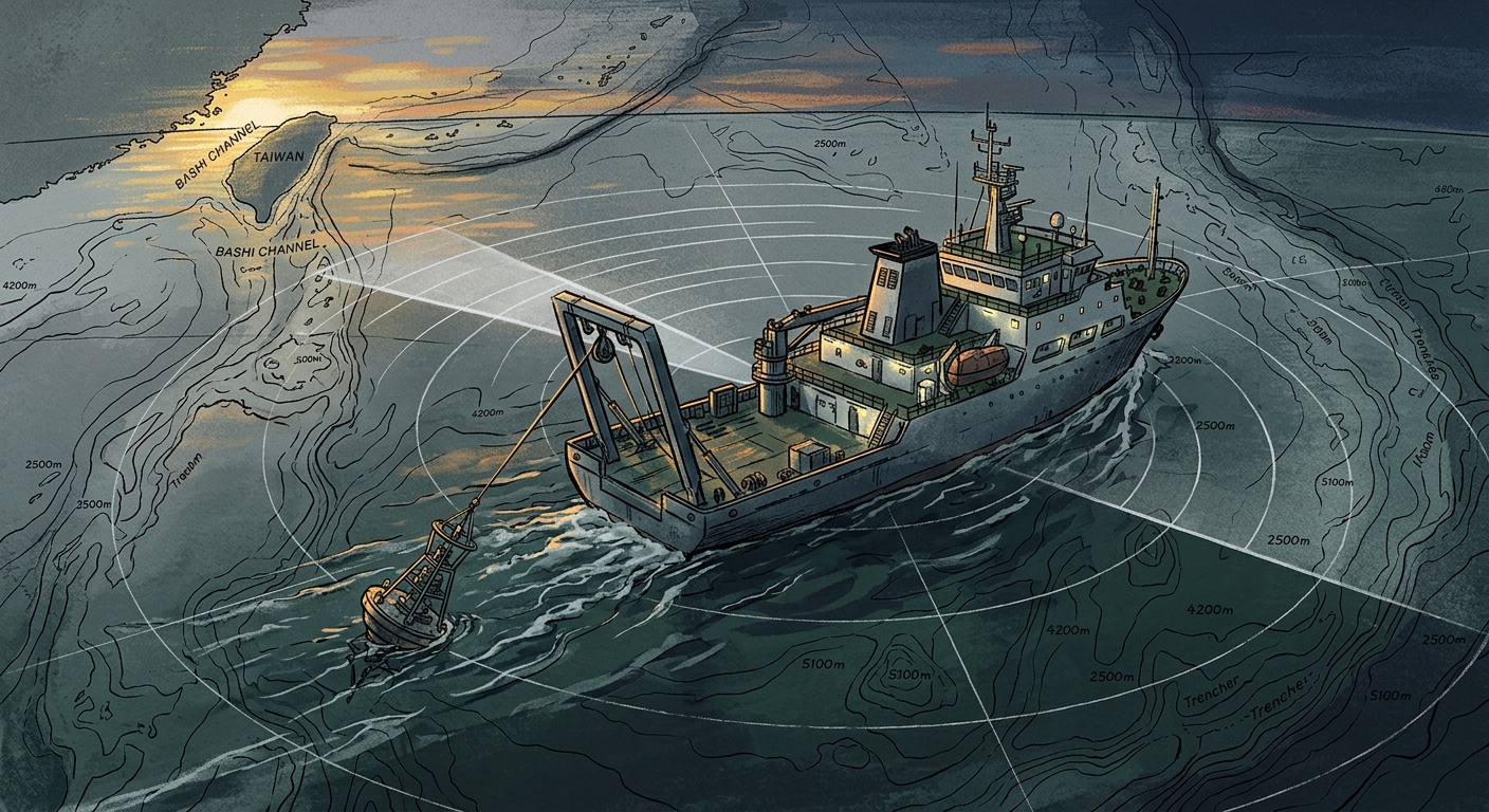 Editorial illustration of a Chinese research vessel deploying a subsurface buoy over a bathymetric overlay of the Bashi Channel