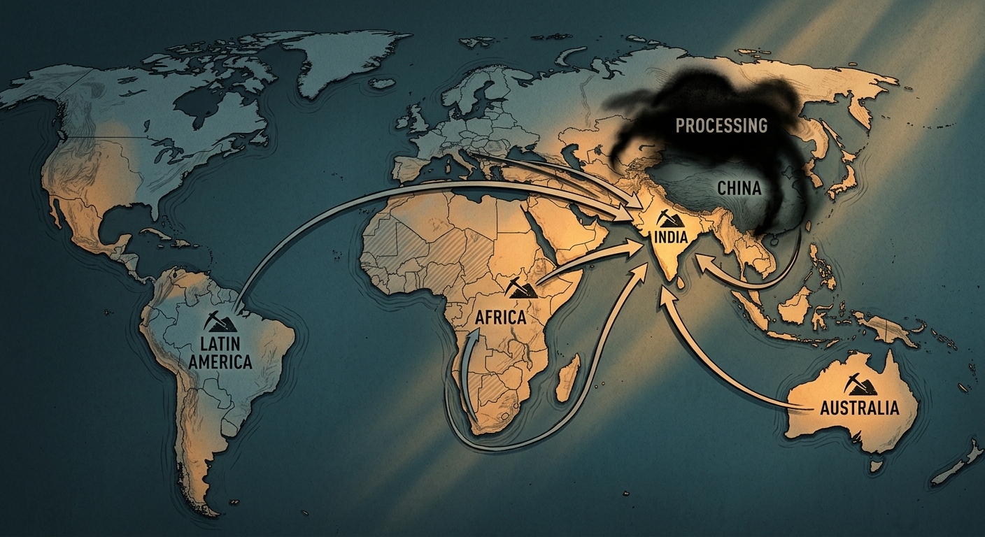 Editorial illustration of mineral supply routes converging on India from Latin America, Australia and Africa, with a "processing" shadow over China.