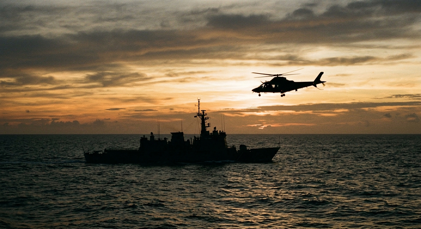 A Philippine Navy patrol vessel silhouetted against South China Sea waters at dawn, with helicopter overhead, cinematic photojournalism style, muted tones, wide horizon