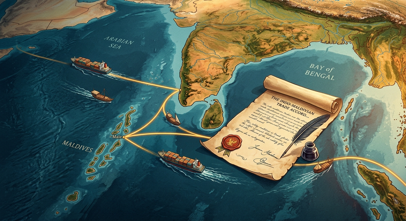 Editorial illustration: An overhead map view of the Indian Ocean showing India and the Maldives archipelago connected by a stylized trade route line, with cargo ships and a paper treaty document overlaid. Muted blues and warm accent tones, professional diplomatic magazine aesthetic.
