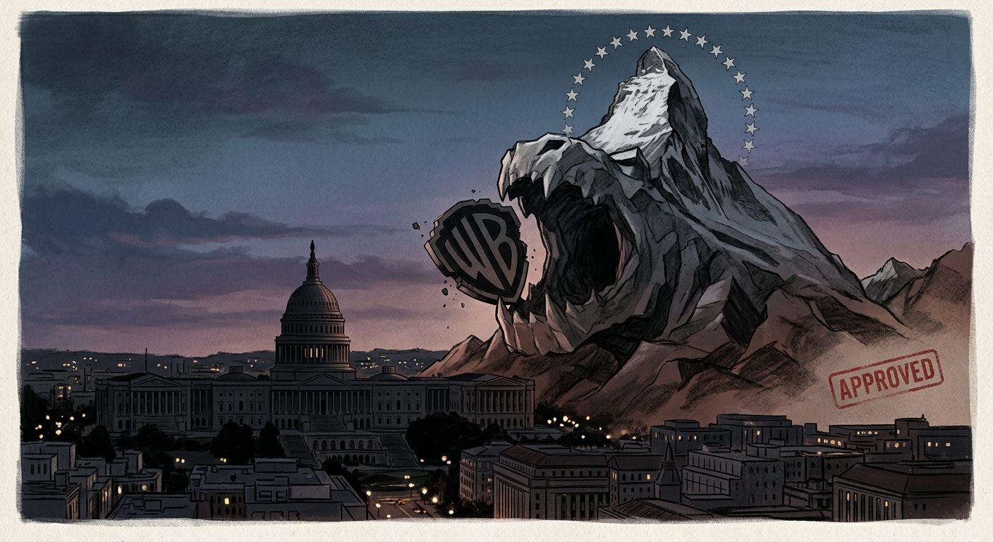 Editorial illustration of a giant Paramount mountain logo swallowing the Warner Bros shield, silhouetted against a Washington DC federal building at dusk, with a small stamp reading "APPROVED" in red. Muted, cinematic palette.