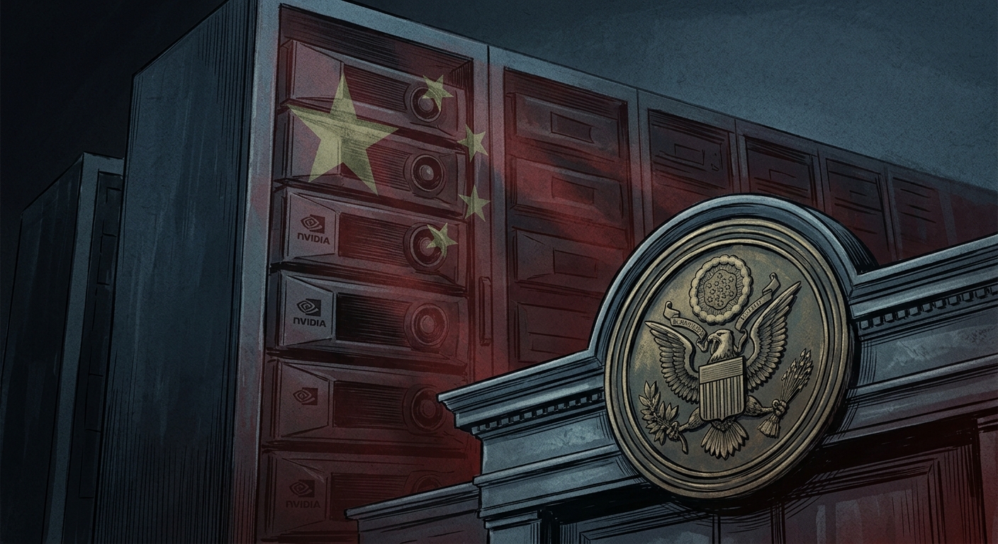 Editorial illustration: AI server rack in shadow with a Chinese flag overlay and a US federal courtroom seal