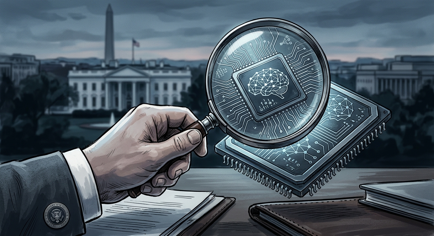 Editorial illustration of an AI chip examined through a government magnifying glass with the White House in the background