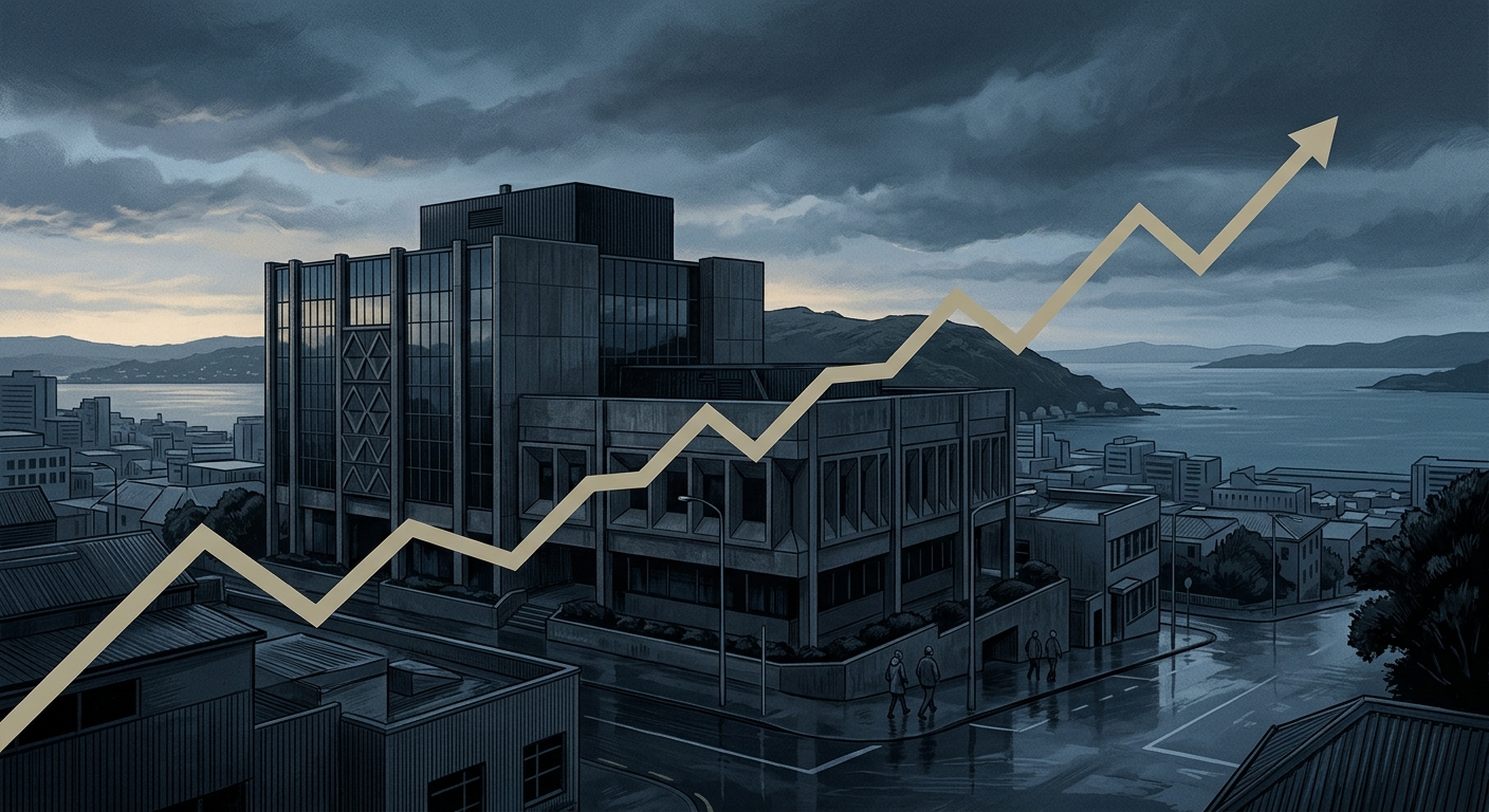 RBNZ building with rising rate line