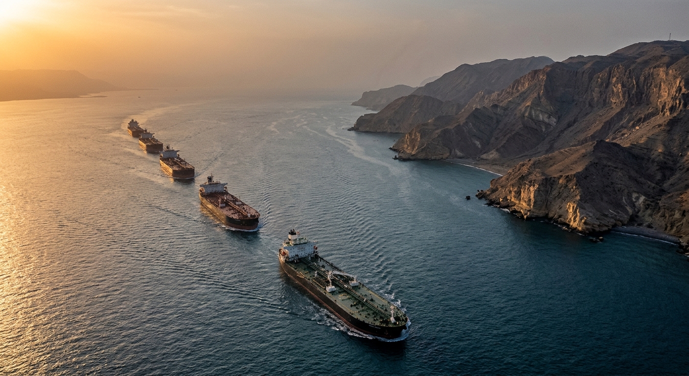 A convoy of oil tankers moving through the Strait of Hormuz