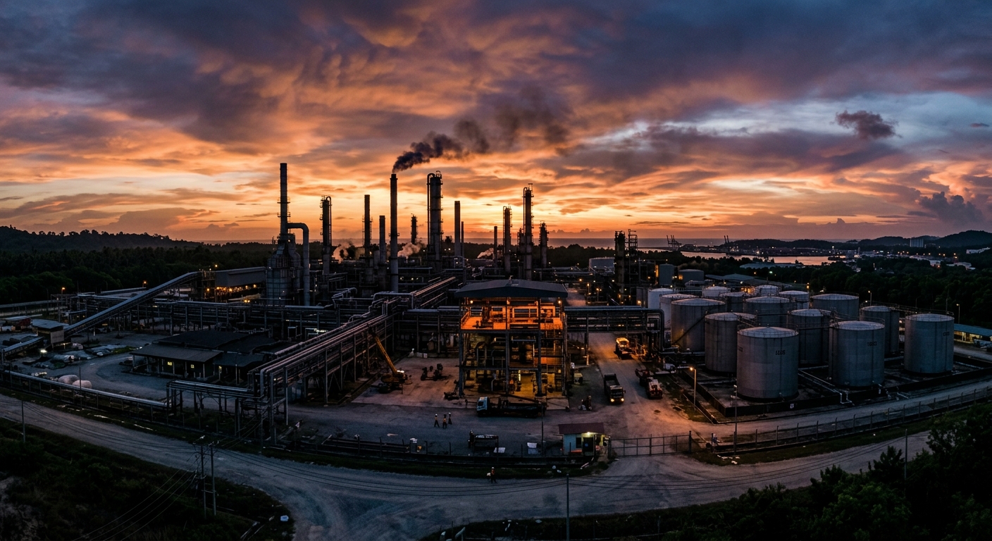 Rare earth processing facility at dusk in Kuantan, Malaysia