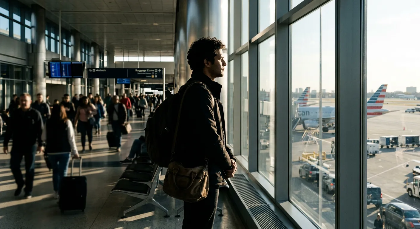 A pensive Venezuelan man in an airport arrivals hall at O'Hare