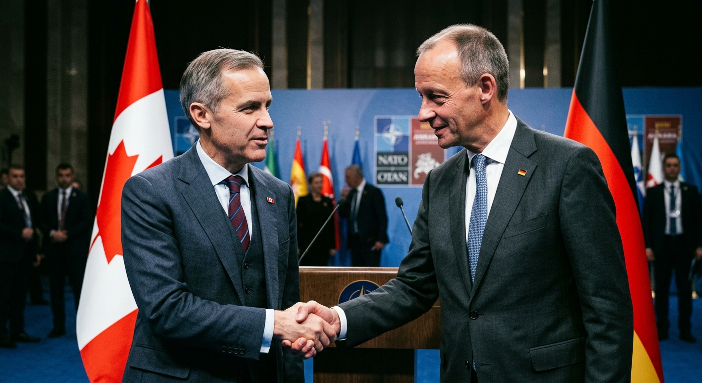Prime Minister Mark Carney of Canada and Chancellor Friedrich Merz of Germany shaking hands at the NATO Summit in Ankara