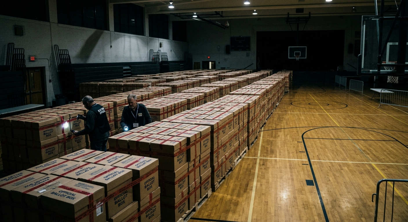 Sealed ballot boxes stacked inside the Olympic Park Handball Gymnasium in Seoul, awaiting verification.
