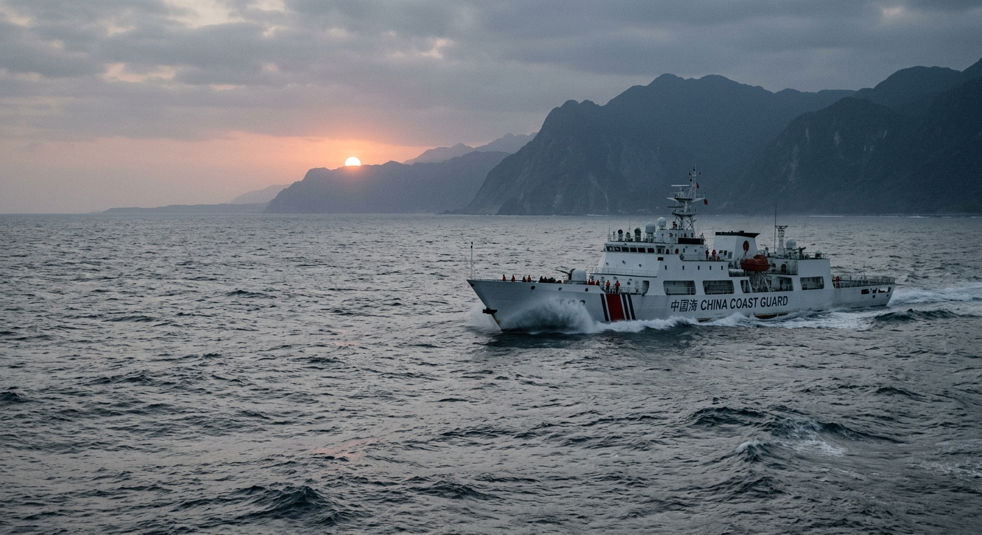 A large white China Coast Guard cutter with red hull markings underway on the open Pacific Ocean at dusk, with the mountainous eastern coast of Taiwan visible in the distant background.
