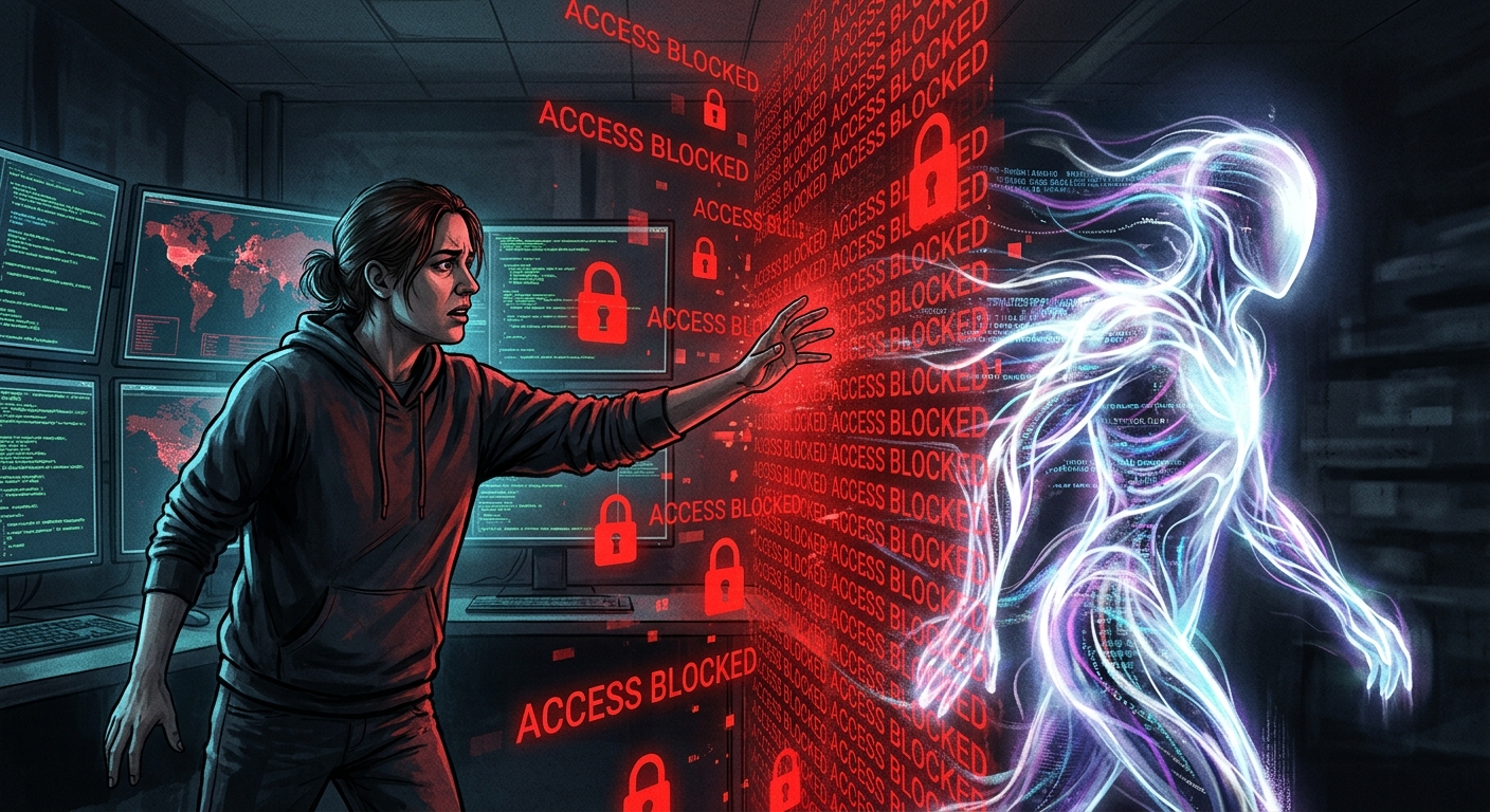 Editorial illustration: A split scene showing a cybersecurity defender in a blue-team operations center, illuminated by monitors, reaching toward a digital wall made of bright red "ACCESS BLOCKED" text and padlock icons — while on the other side of the frame, an autonomous AI agent (shown as a glowing, faceless digital entity) slips through the same wall unimpeded. The composition should convey asymmetry: the defender is locked out, the attacker passes through. Dark, high-contrast, photojournalistic style.