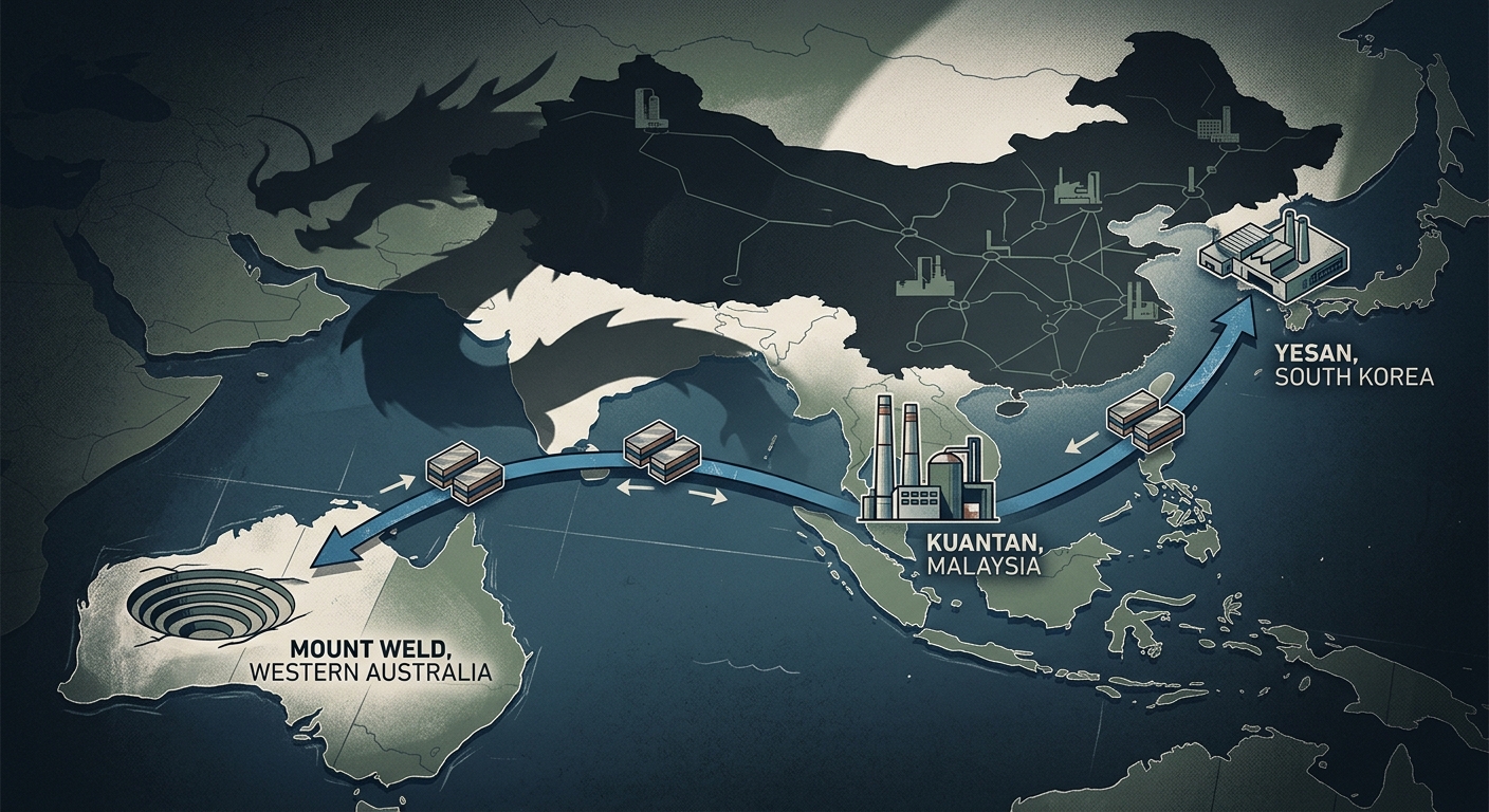 Rare-earth supply chain map from Mount Weld to Kuantan to Yesan