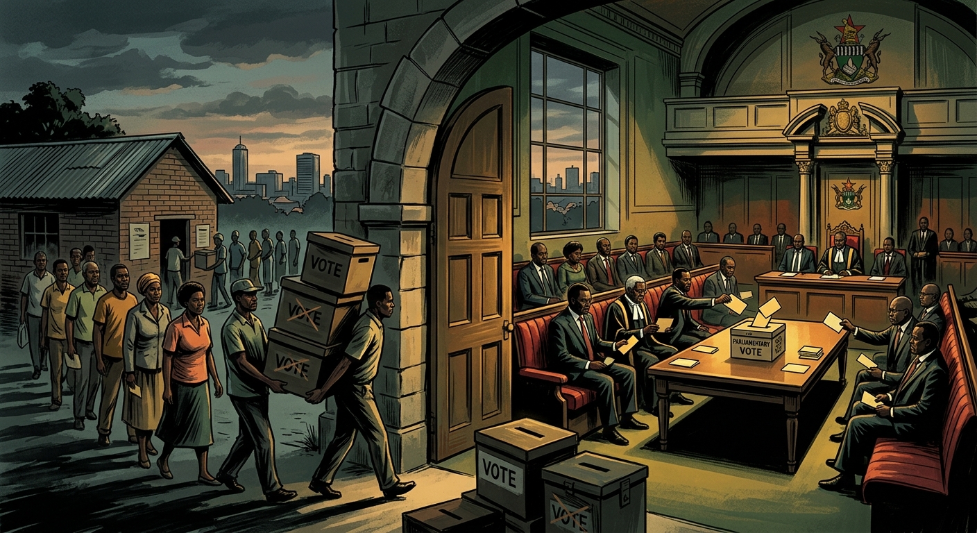 Editorial illustration of Zimbabwe's parliament building in Harare with ballot boxes being replaced by parliamentary voting cards, symbolising the shift from popular vote to parliamentary selection of the president.