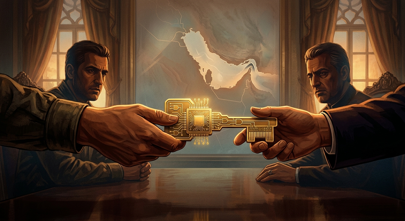 Editorial illustration: A golden key shaped like an advanced AI semiconductor chip being handed across a diplomatic table, with a faint map of the Persian Gulf and Strait of Hormuz in the background.
