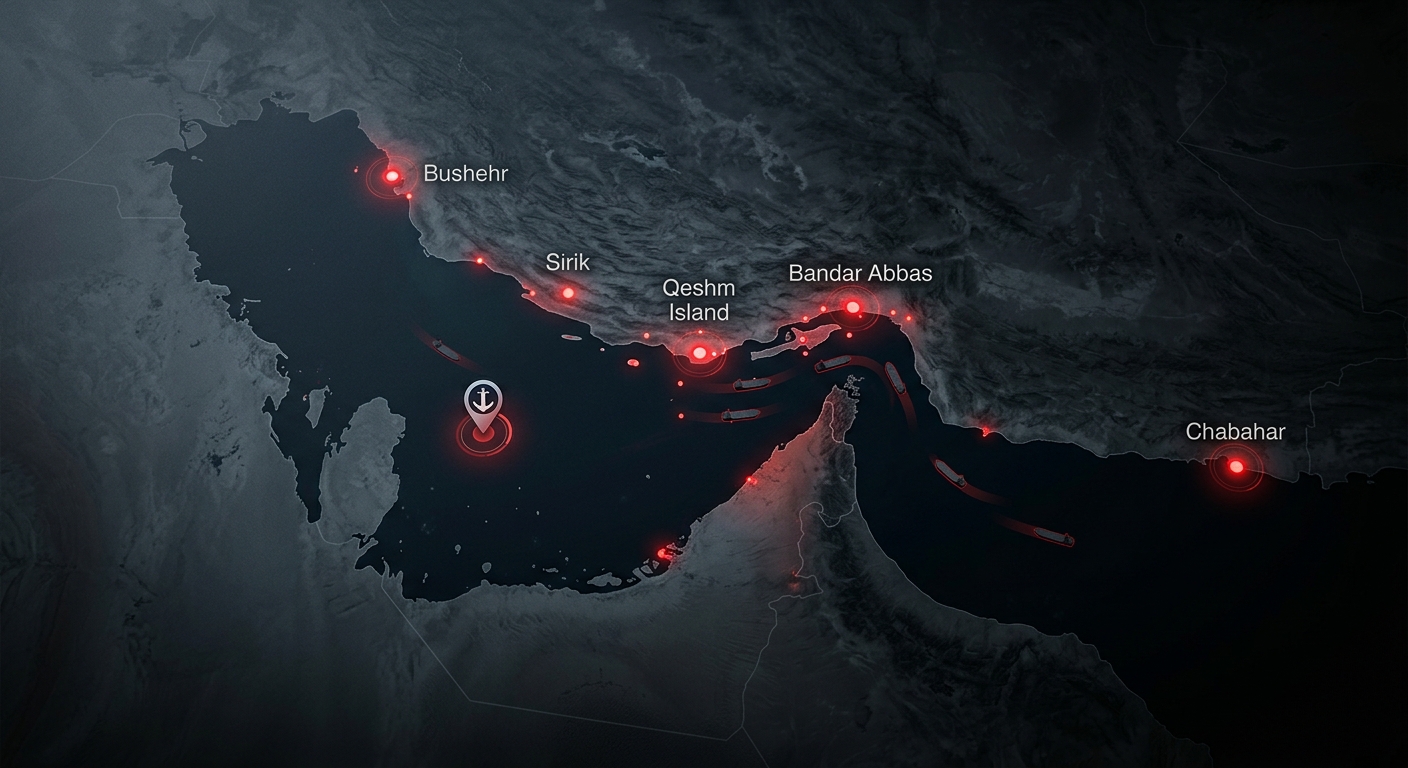 Editorial map of the Strait of Hormuz showing strike locations at Bandar Abbas, Bushehr, Chabahar, Sirik and Qeshm Island
