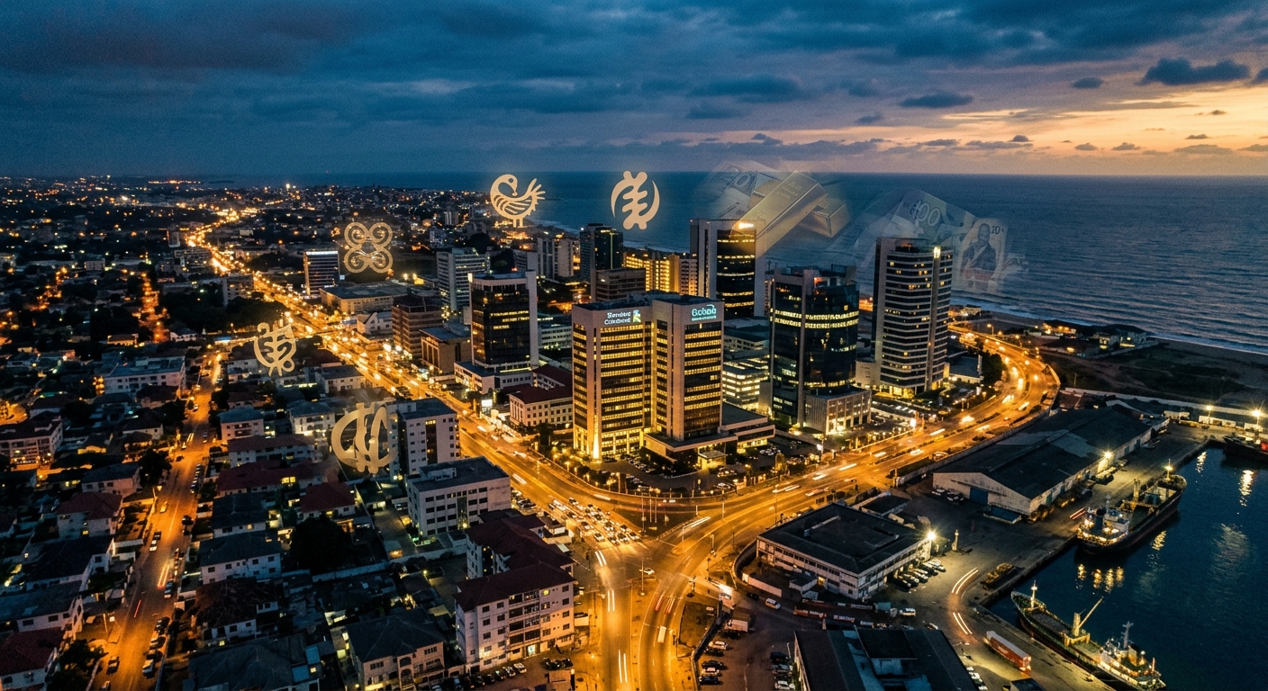Aerial editorial photo of Accra, Ghana skyline at dusk with financial district and gold/cedi currency motif overlay