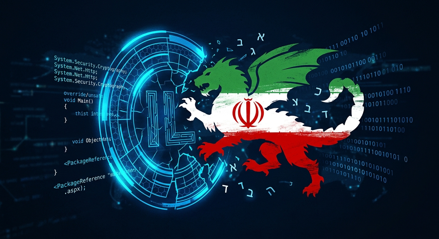 Editorial illustration: an Iranian manticore breaching an Israeli cyber shield