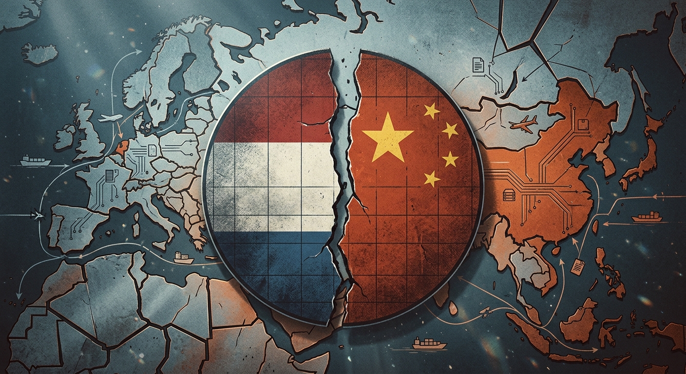 Editorial illustration: a wafer split between Dutch and Chinese flags over a fractured Eurasian supply-chain map