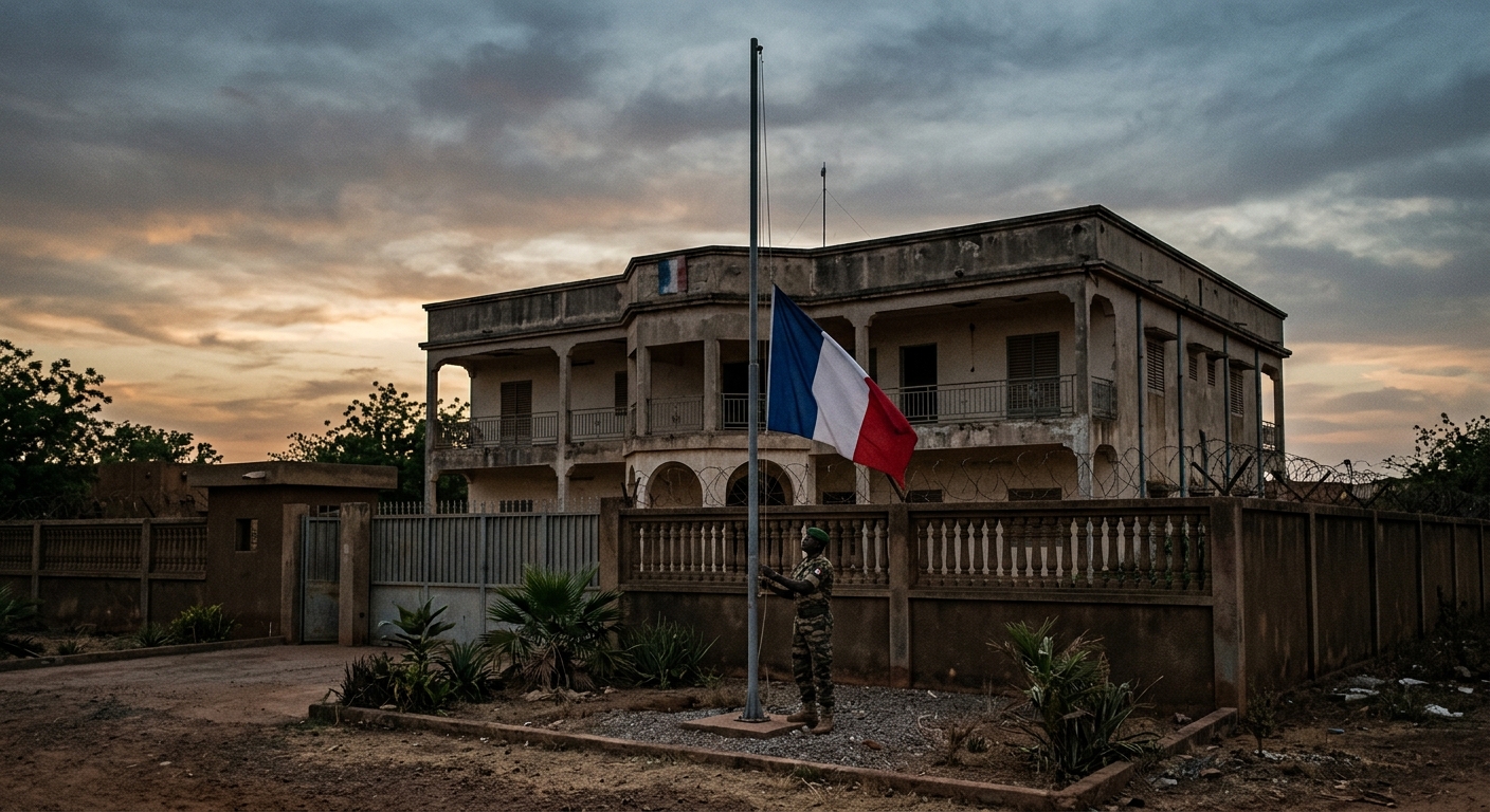 Empty French embassy building in Ouagadougou, Burkina Faso, tricolor flag being lowered at dusk