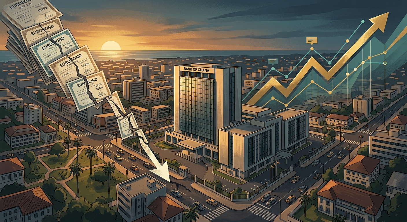 Editorial illustration of Bank of Ghana headquarters with debt-chart overlay