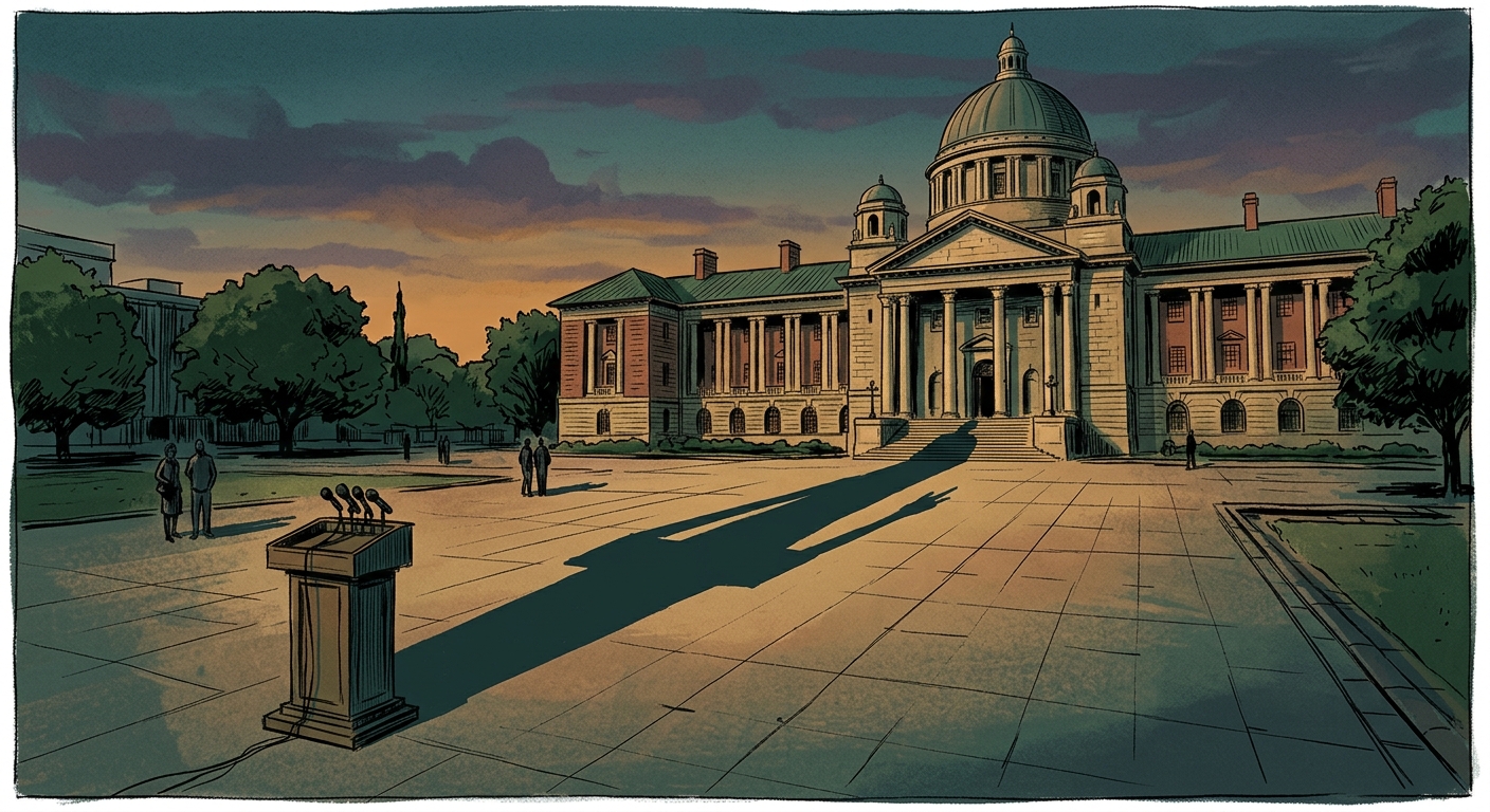 Editorial illustration: Zimbabwe's Parliament House in Harare at dusk with a long shadow of a presidential podium extending across the plaza; muted greens and golds; symbolic of extended presidential tenure. Newspaper-style photojournalistic feel.