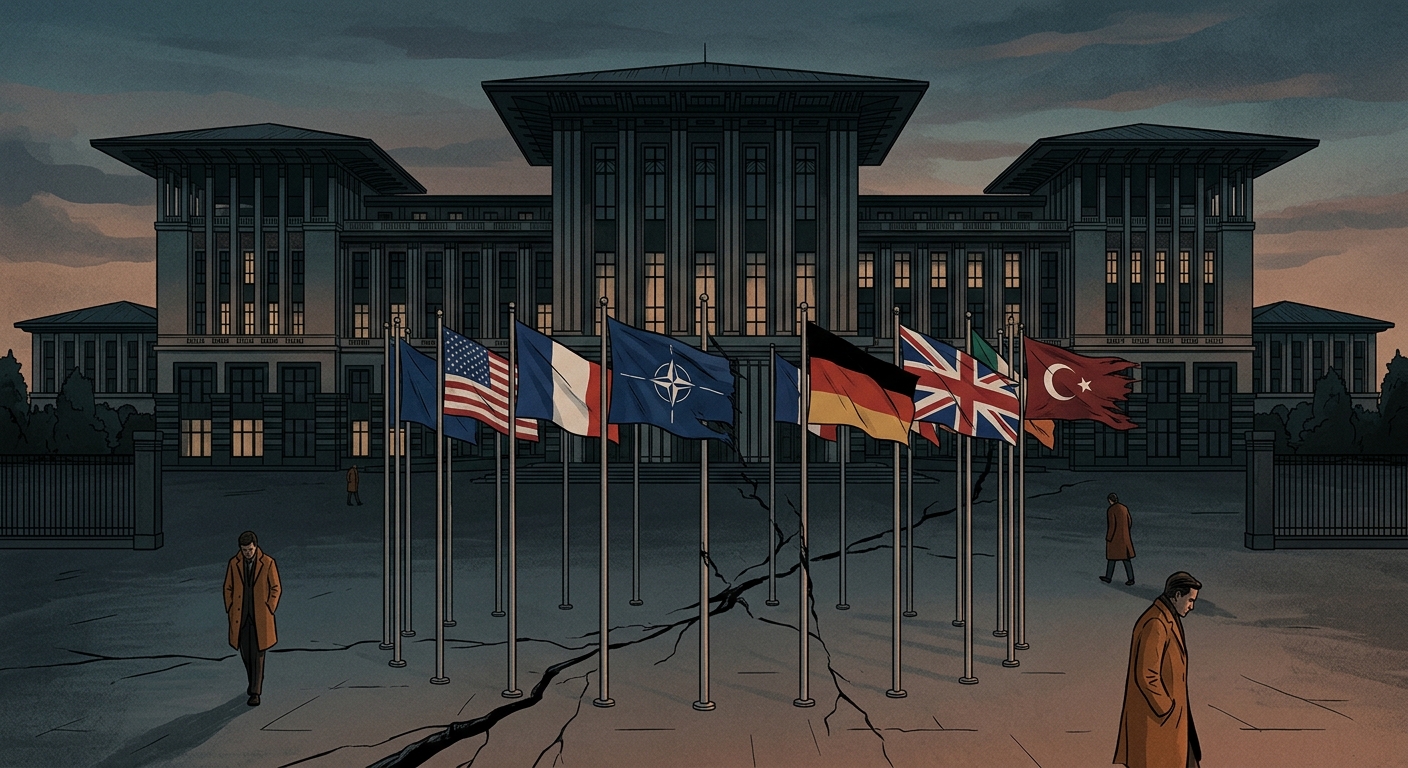 Editorial illustration: NATO flags in front of the Turkish presidential palace in Ankara at dusk, with a subtle rift running through the assembly.