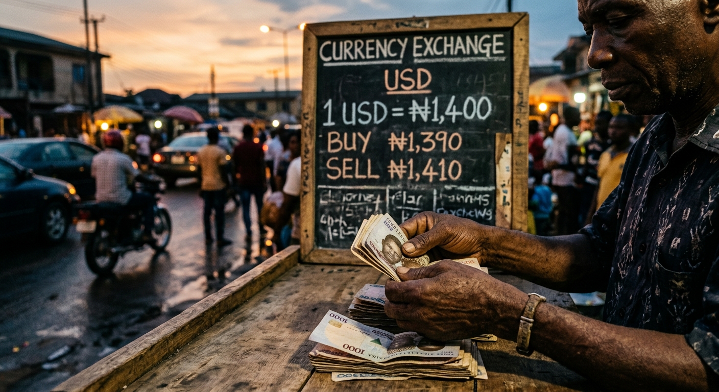 A currency exchange board in Lagos, Nigeria showing naira-to-dollar rate at 1,400, worn hands counting naira notes in the foreground, dusk light, documentary photojournalism style